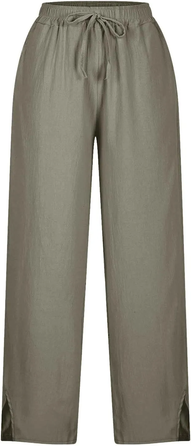 Womens Linen Pants Summer 2025 High Waist Casual Beach Capri Side Split Drawstring Lightweight Lounge Trousers