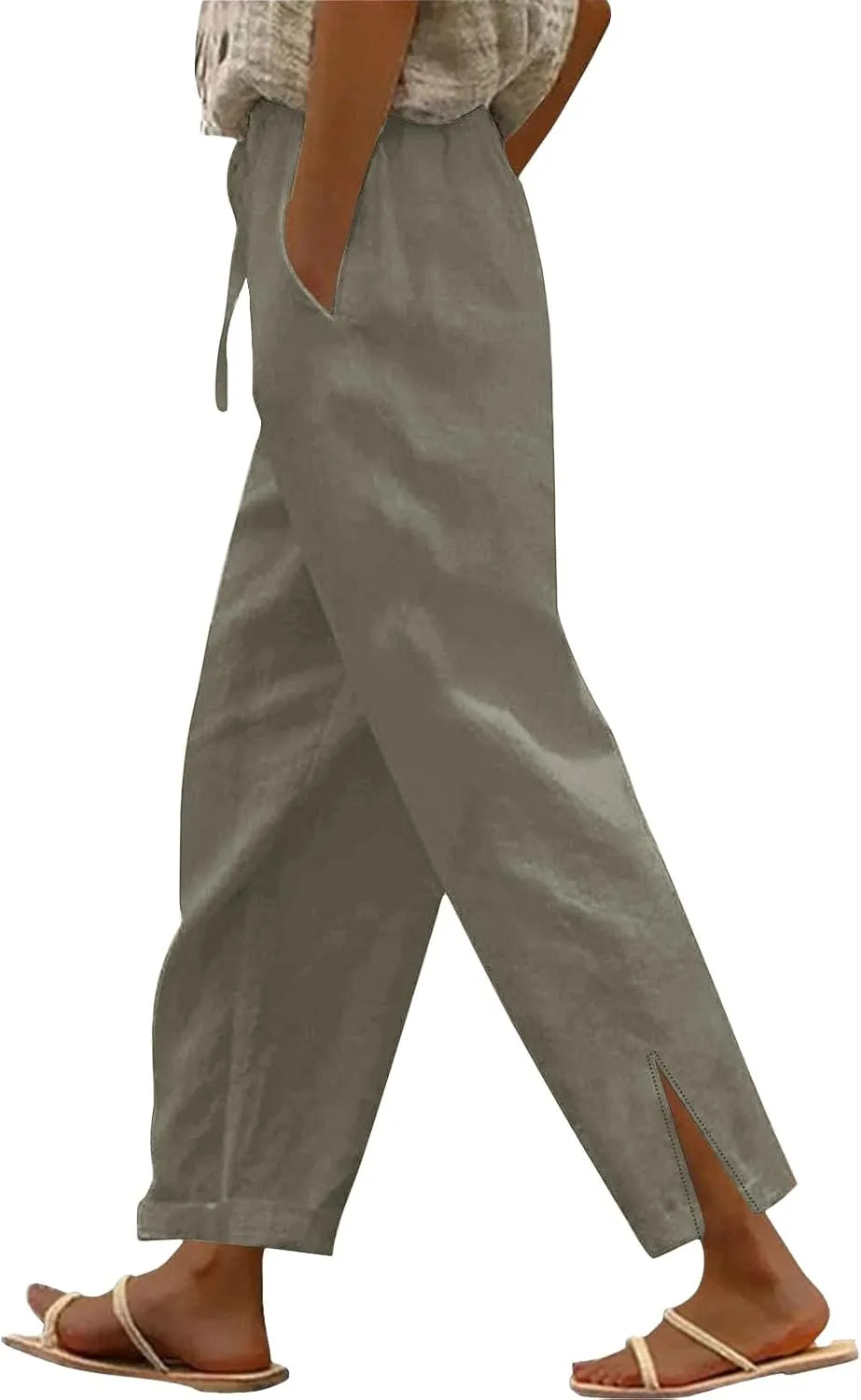 Womens Linen Pants Summer 2025 High Waist Casual Beach Capri Side Split Drawstring Lightweight Lounge Trousers
