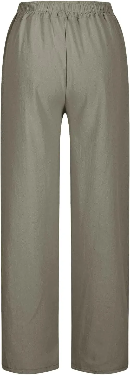 Womens Linen Pants Summer 2025 High Waist Casual Beach Capri Side Split Drawstring Lightweight Lounge Trousers