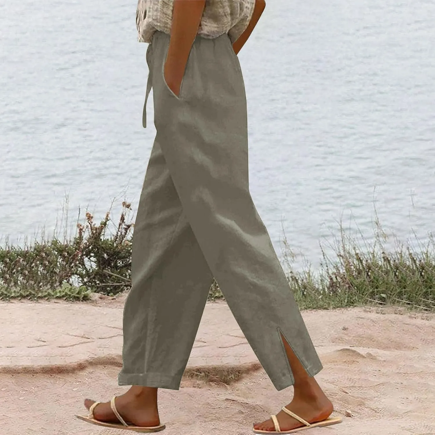 Womens Linen Pants Summer 2025 High Waist Casual Beach Capri Side Split Drawstring Lightweight Lounge Trousers