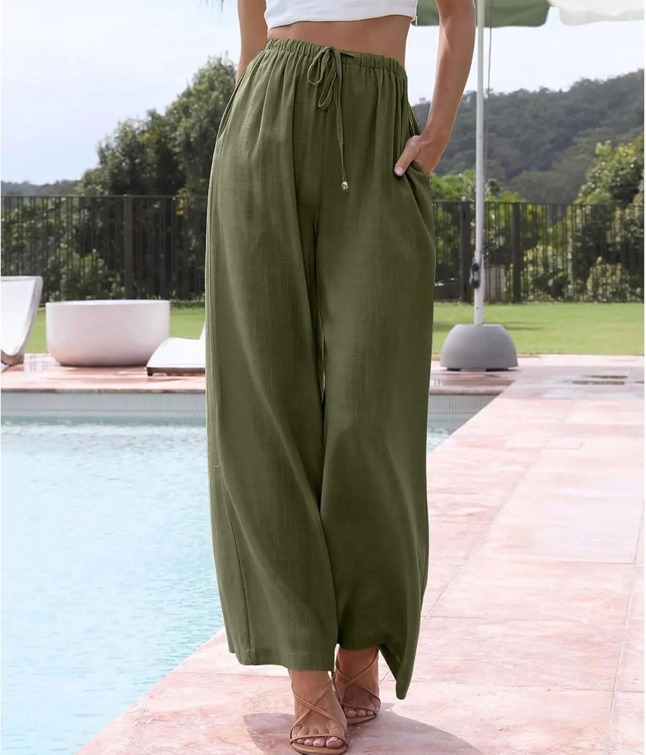 Womens Linen Pants Summer Casual Loose Beach Trousers with Pockets High Waisted Drawstring Wide Leg Pants for Women