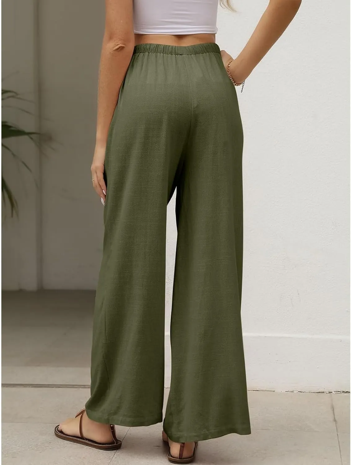 Womens Linen Pants Summer Casual Loose Beach Trousers with Pockets High Waisted Drawstring Wide Leg Pants for Women