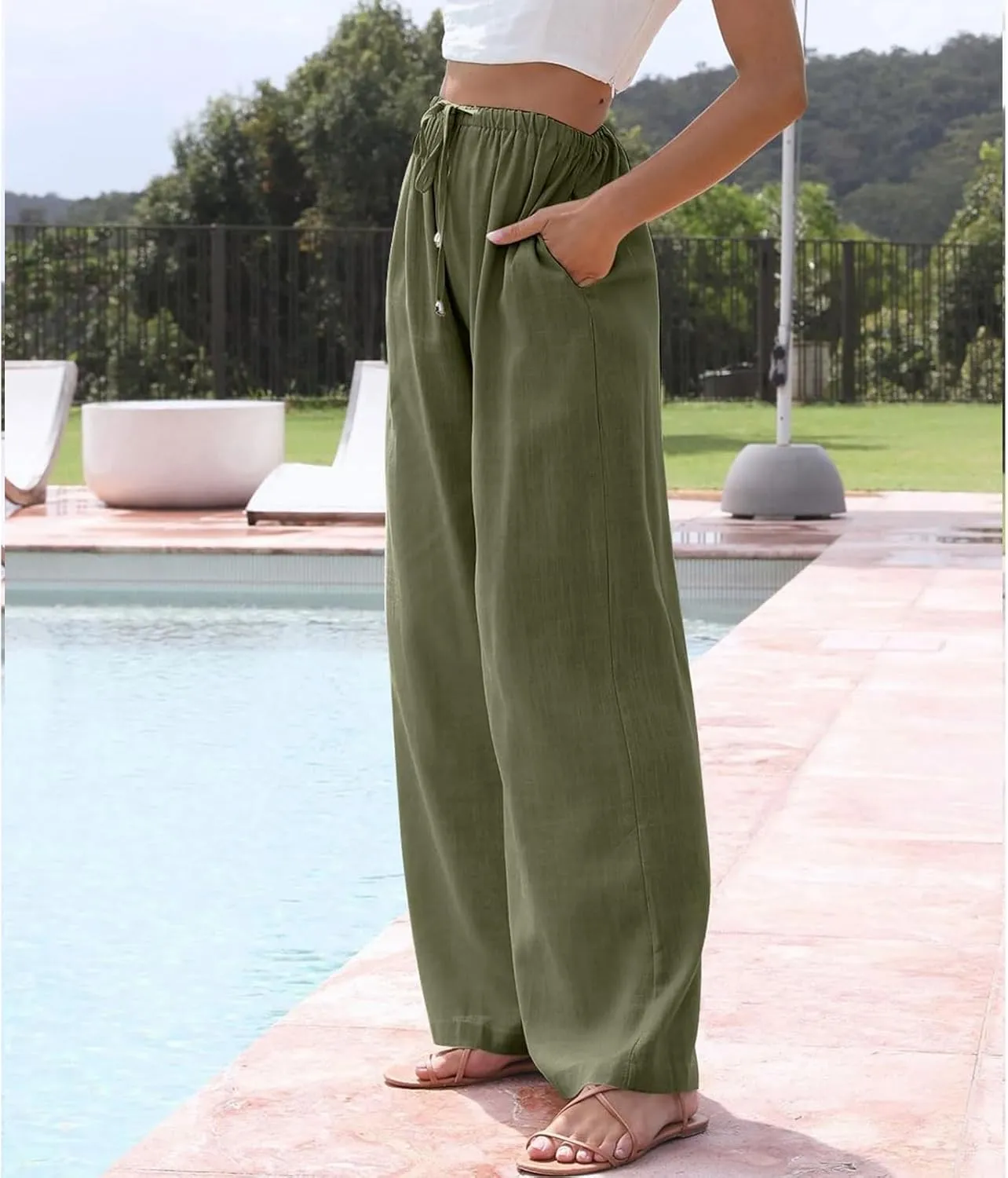 Womens Linen Pants Summer Casual Loose Beach Trousers with Pockets High Waisted Drawstring Wide Leg Pants for Women