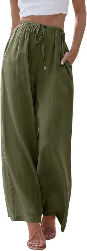 Womens Linen Pants Summer Casual Loose Beach Trousers with Pockets High Waisted Drawstring Wide Leg Pants for Women