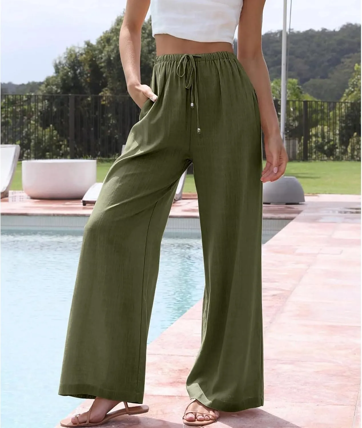 Womens Linen Pants Summer Casual Loose Beach Trousers with Pockets High Waisted Drawstring Wide Leg Pants for Women