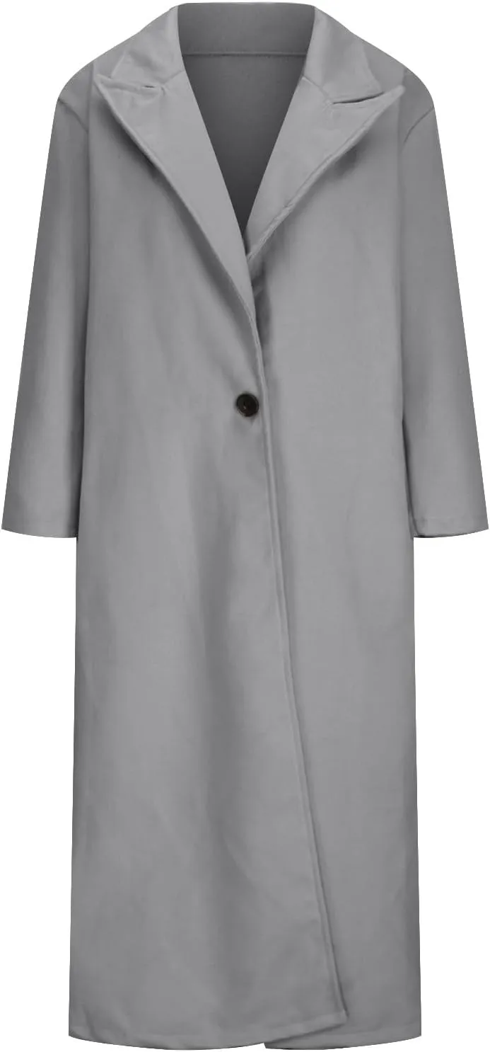 Womens Long Pea Coats Wool Blend Ankle Length Business Casual Trench Coats Long Sleeve Open Front Dressy Jackets