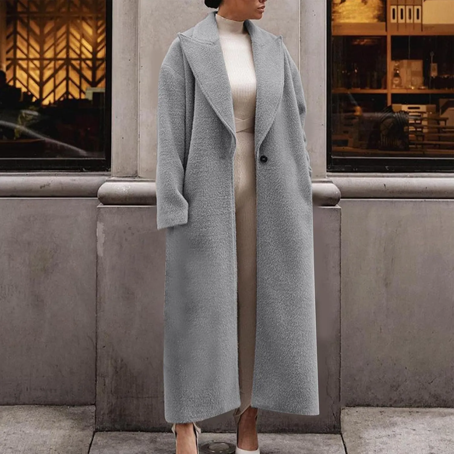 Womens Long Pea Coats Wool Blend Ankle Length Business Casual Trench Coats Long Sleeve Open Front Dressy Jackets