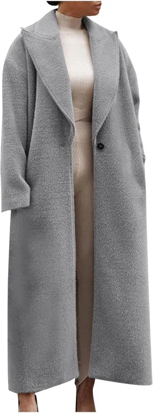 Womens Long Pea Coats Wool Blend Ankle Length Business Casual Trench Coats Long Sleeve Open Front Dressy Jackets
