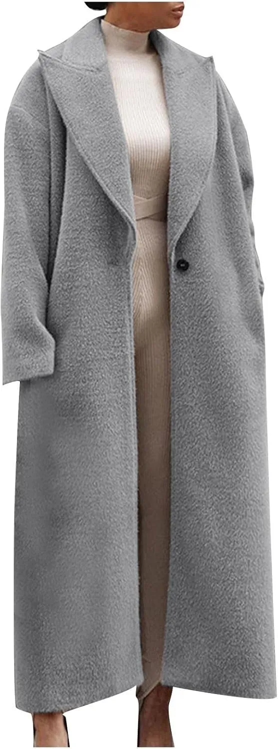 Womens Long Pea Coats Wool Blend Ankle Length Business Casual Trench Coats Long Sleeve Open Front Dressy Jackets