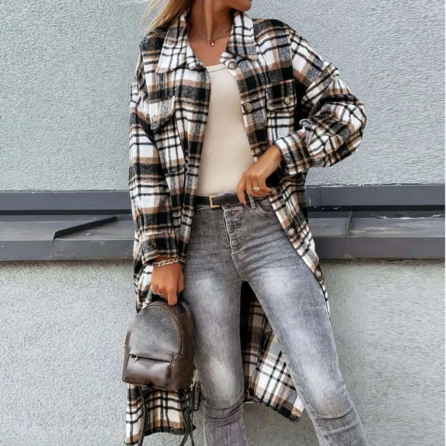 Womens Long Plaid Flannel Shacket Fall Fashion Button Down Long Sleeve Tartan Coat Lapel Open Front Trench Coats