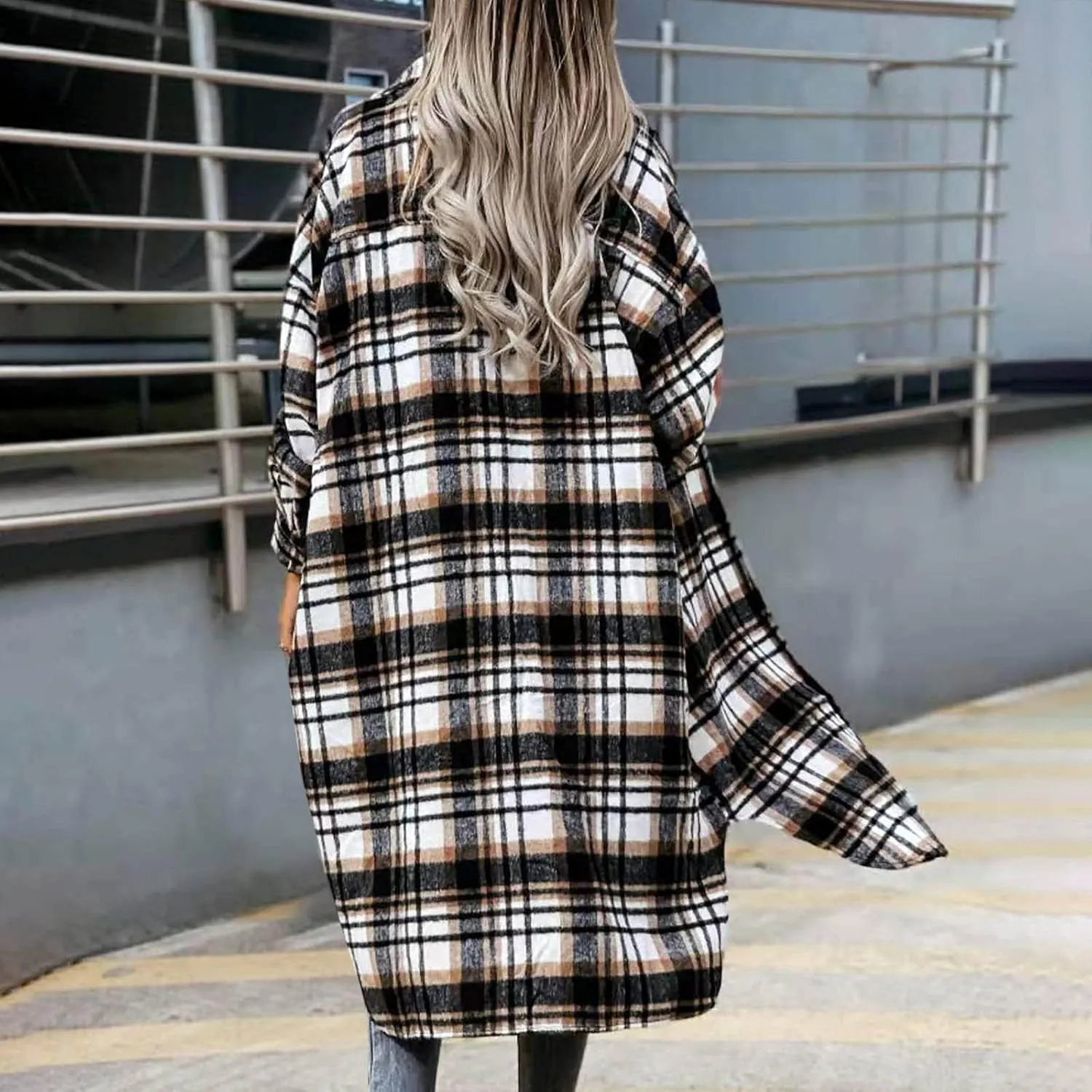 Womens Long Plaid Flannel Shacket Fall Fashion Button Down Long Sleeve Tartan Coat Lapel Open Front Trench Coats