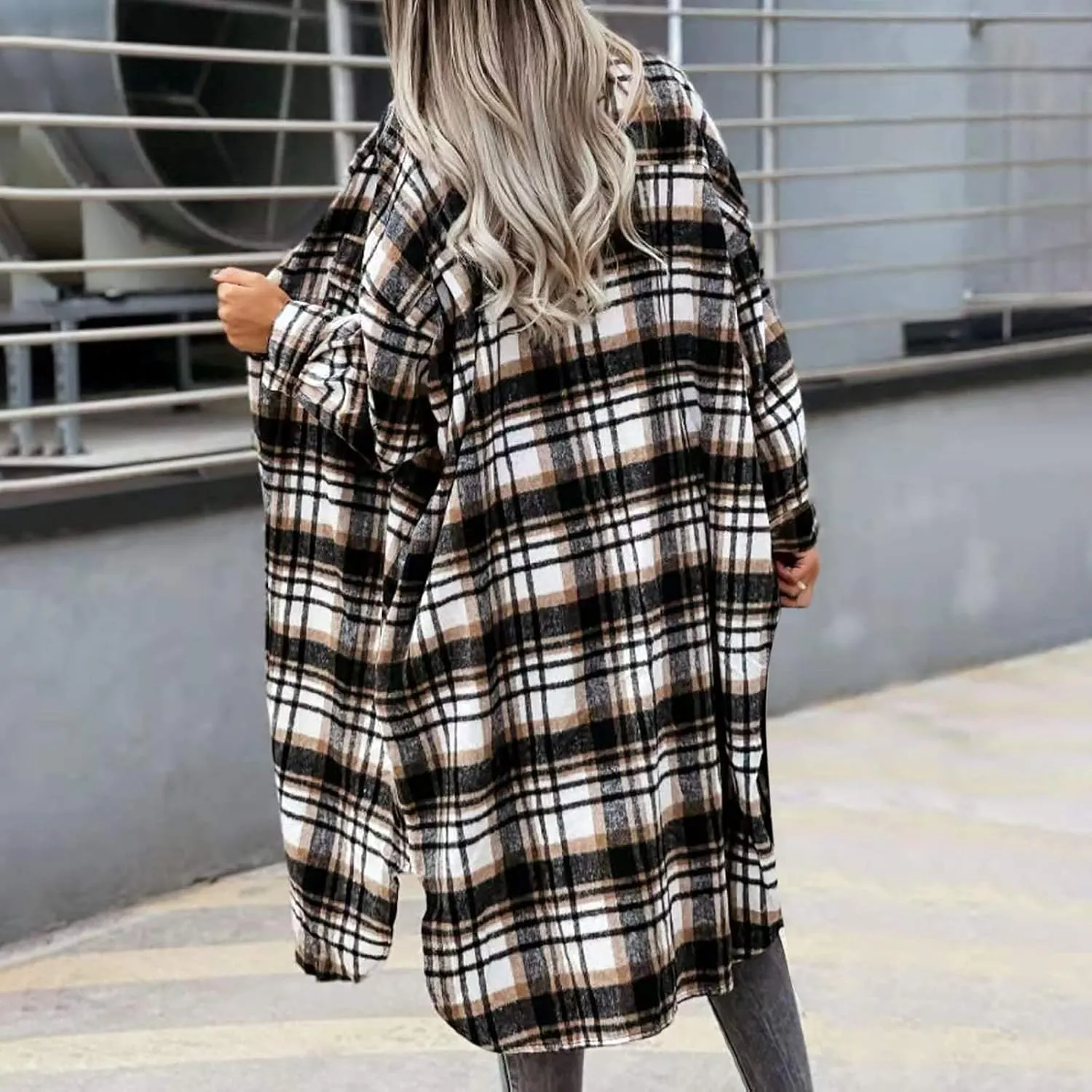 Womens Long Plaid Flannel Shacket Fall Fashion Button Down Long Sleeve Tartan Coat Lapel Open Front Trench Coats