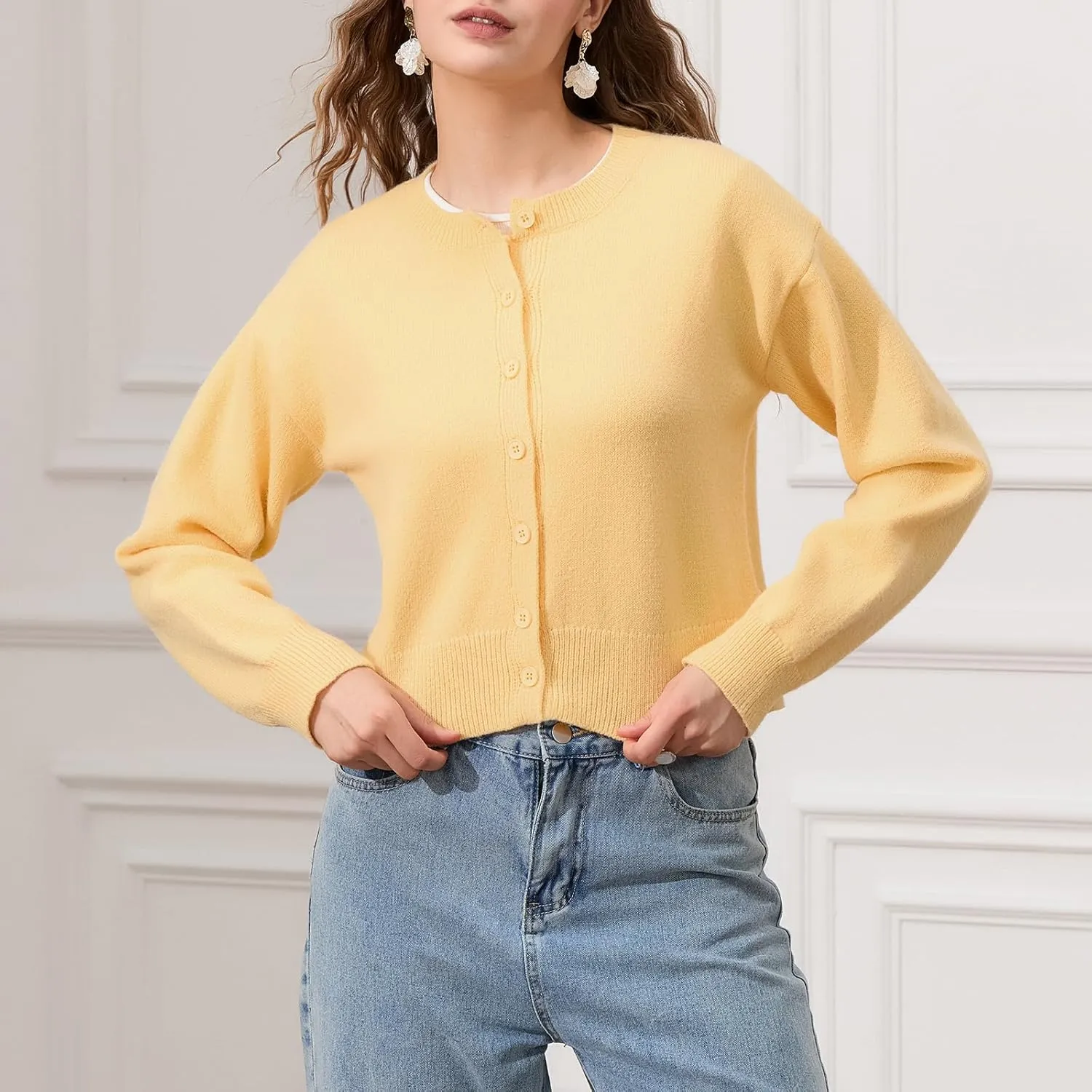 Women's Long Sleeve Cropped Cardigan Open Front Button Down Knit Cardigan Long Sleeve Crew Neck Pullover Y2k Tops