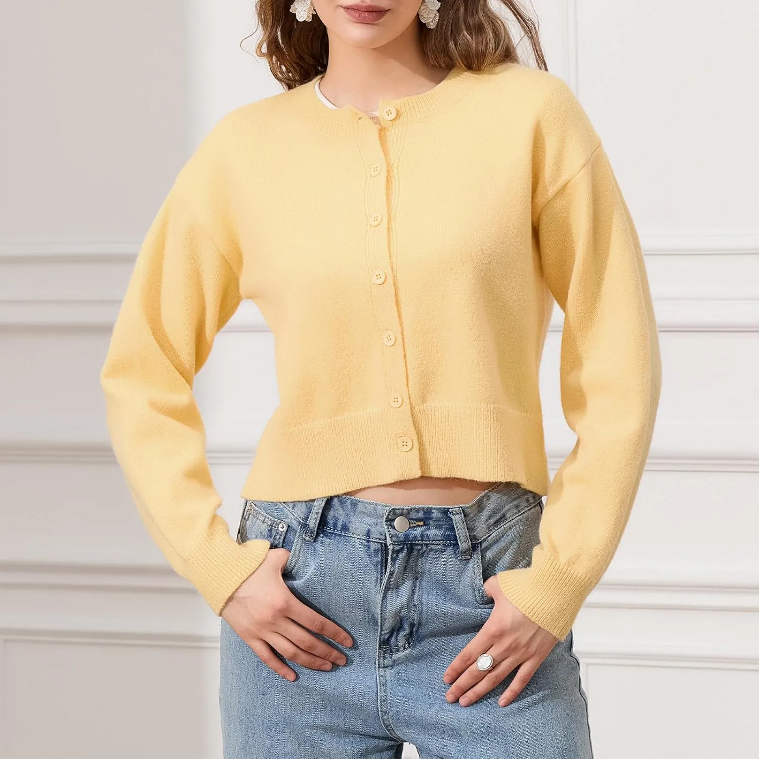 Women's Long Sleeve Cropped Cardigan Open Front Button Down Knit Cardigan Long Sleeve Crew Neck Pullover Y2k Tops