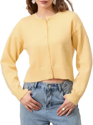 Women's Long Sleeve Cropped Cardigan Open Front Button Down Knit Cardigan Long Sleeve Crew Neck Pullover Y2k Tops