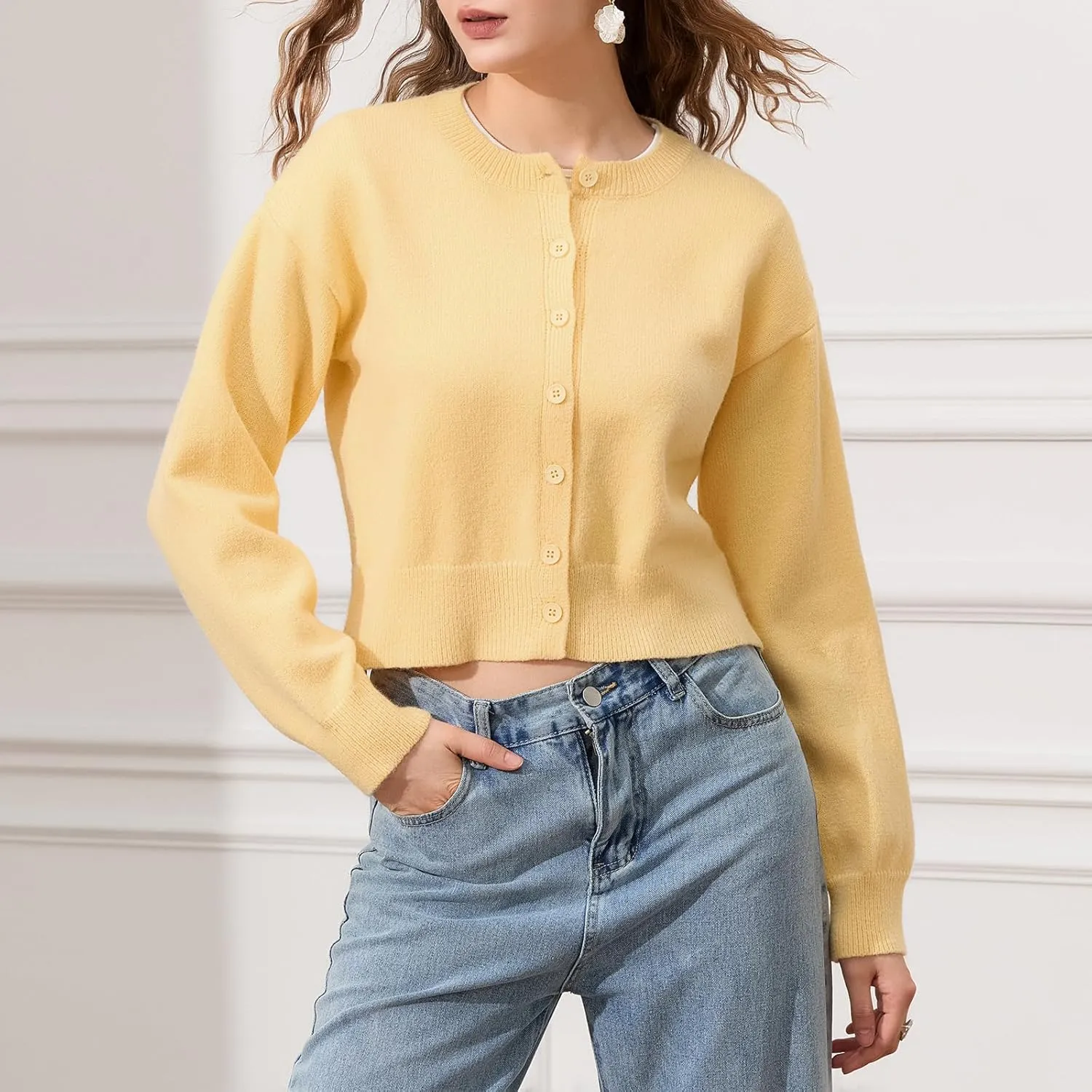 Women's Long Sleeve Cropped Cardigan Open Front Button Down Knit Cardigan Long Sleeve Crew Neck Pullover Y2k Tops