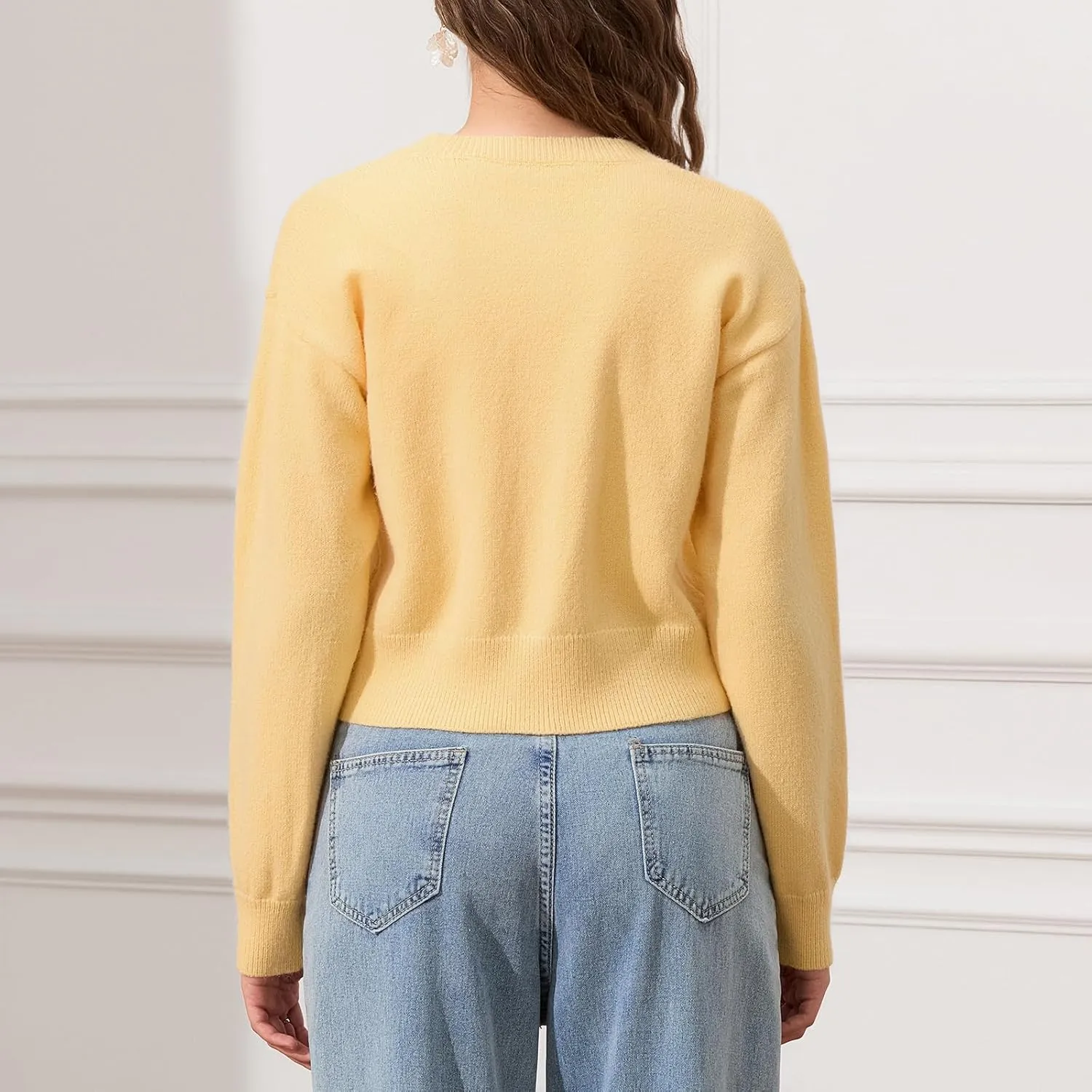 Women's Long Sleeve Cropped Cardigan Open Front Button Down Knit Cardigan Long Sleeve Crew Neck Pullover Y2k Tops