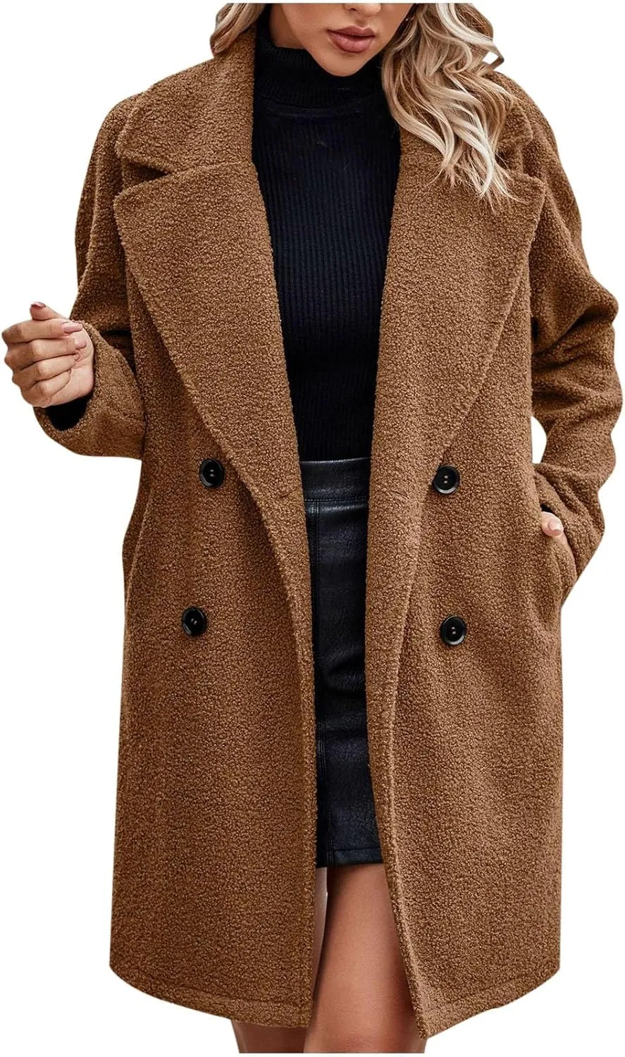 Womens Long Trench Coat Classic Pea Coats Lapel Button Down Coat Flannel Trench Coat Long Peacoat Overcoat Outerwear