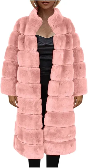 Womens Luxury Faux Fur Coats Winter Long Cardigan Vintage Fuzzy Warm Jacket Oversized Soft Solid Open Front Overcoat