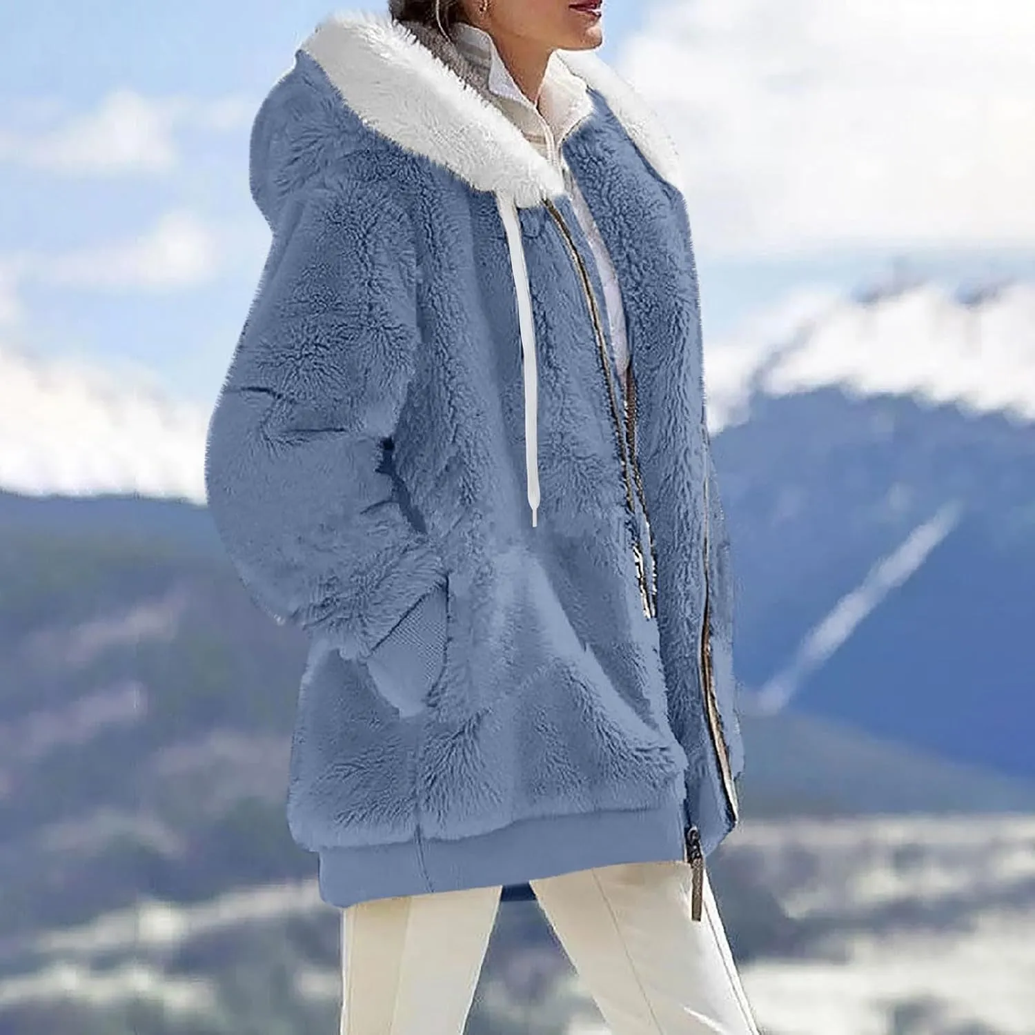 Womens Oversized Fleece Hoodie Sherpa Jacket Full Zip Up Fuzzy Hooded Coats Shaggy Warm Winter Outerwear with Pockets
