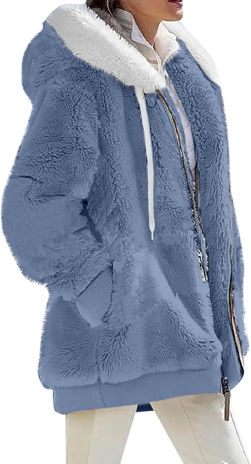 Womens Oversized Fleece Hoodie Sherpa Jacket Full Zip Up Fuzzy Hooded Coats Shaggy Warm Winter Outerwear with Pockets