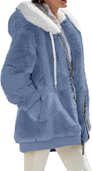 Womens Oversized Fleece Hoodie Sherpa Jacket Full Zip Up Fuzzy Hooded Coats Shaggy Warm Winter Outerwear with Pockets
