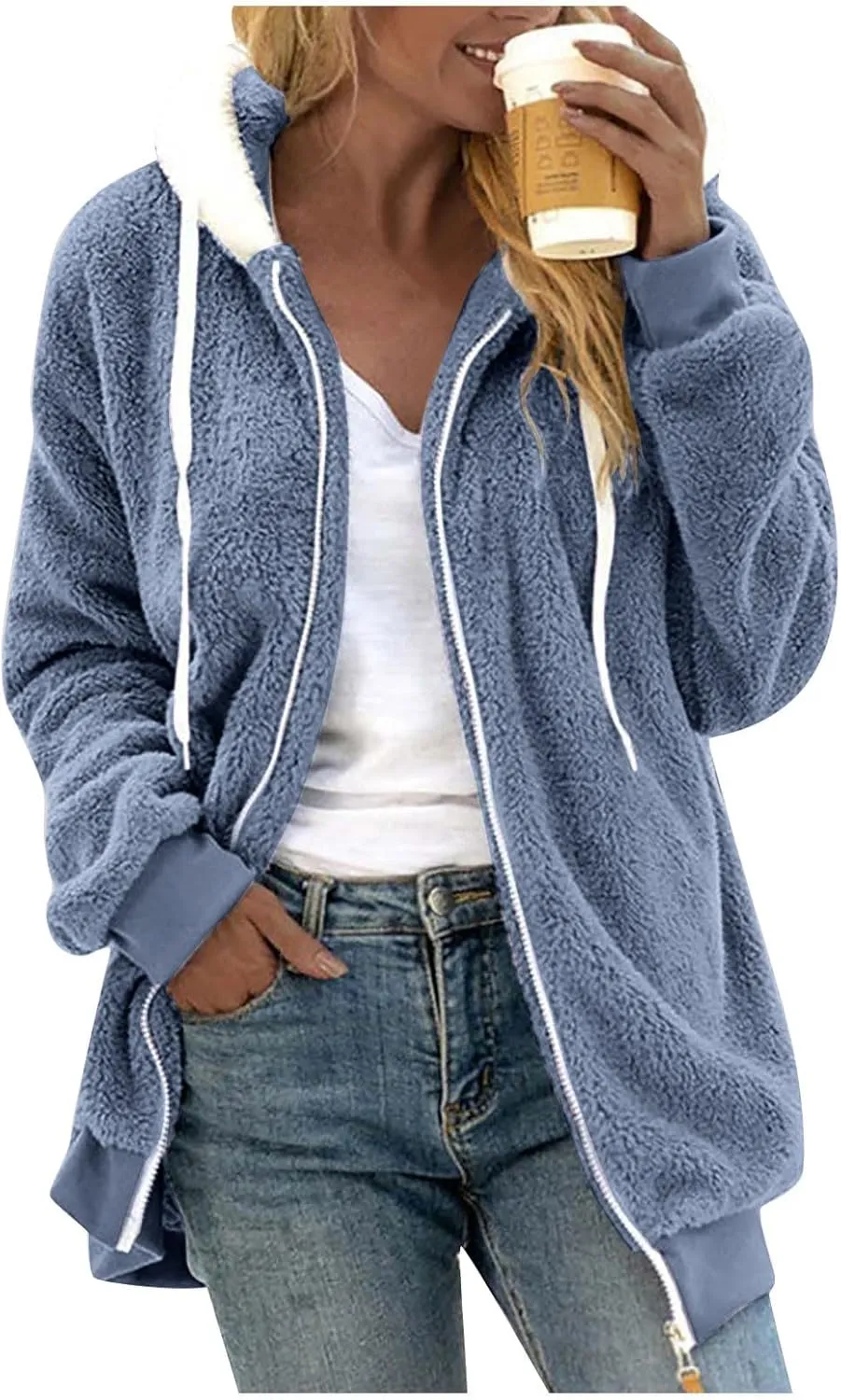 Womens Oversized Fleece Hoodie Sherpa Jacket Full Zip Up Fuzzy Hooded Coats Shaggy Warm Winter Outerwear with Pockets
