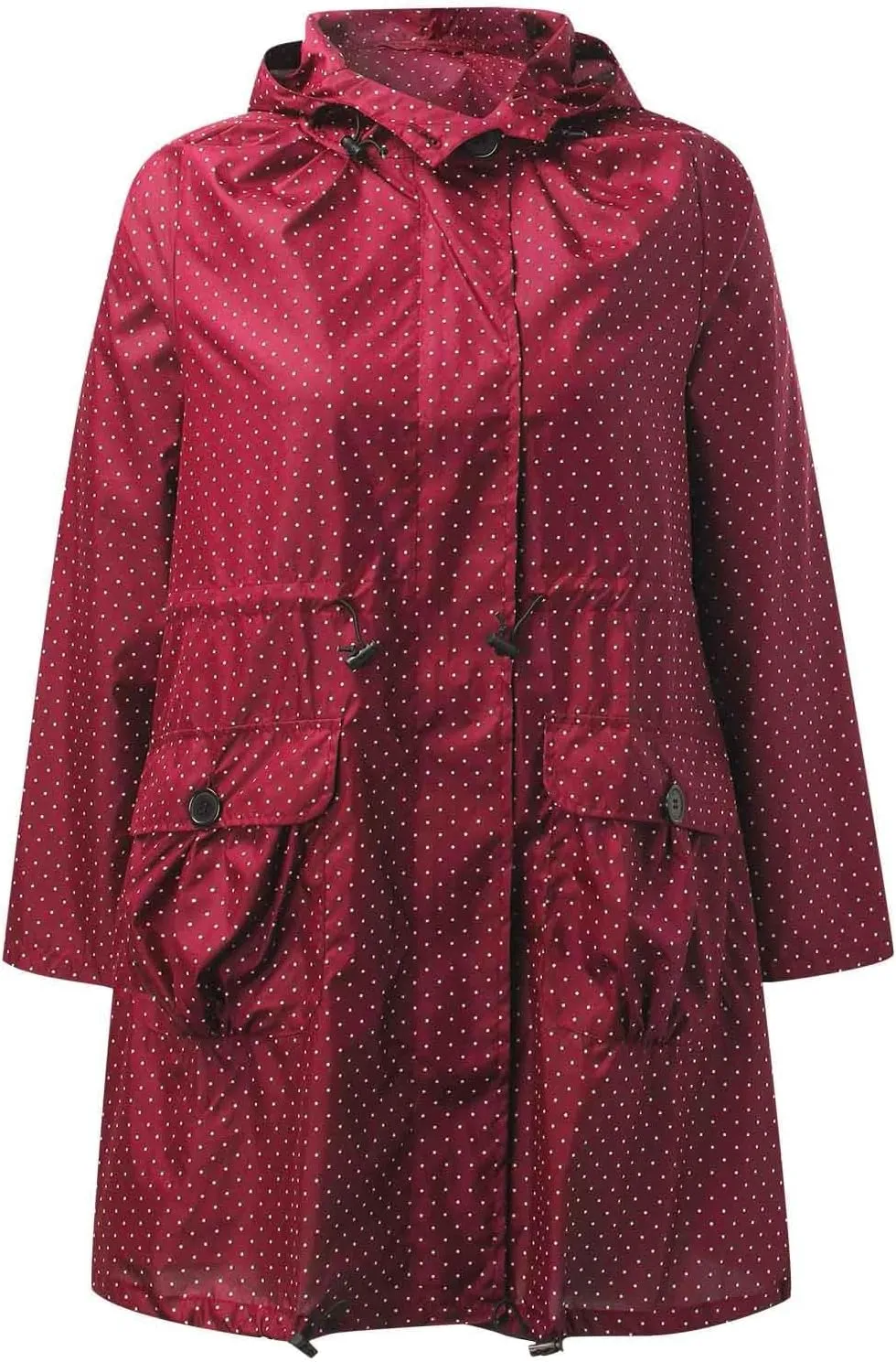 Womens Packable Rain Jacket Waterproof Long Trench Coats with Hood Polka Dot Hooded Raincoat Lightweight Windbreaker