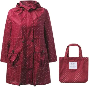 Womens Packable Rain Jacket Waterproof Long Trench Coats with Hood Polka Dot Hooded Raincoat Lightweight Windbreaker
