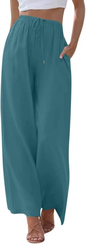 Women's Palazzo Linen Pants Summer Flowy Beach Pants Drawstring High Waisted Wide Leg Lounge Trousers with Pockets