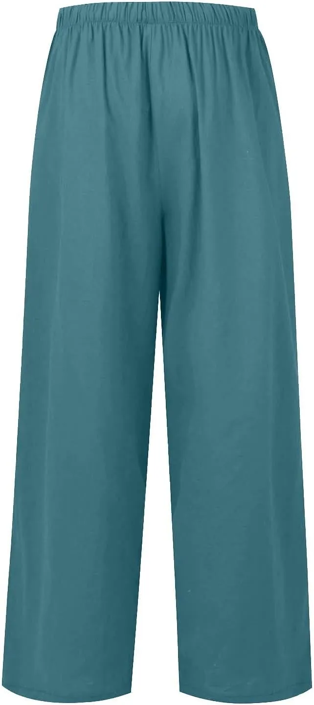 Women's Palazzo Linen Pants Summer Flowy Beach Pants Drawstring High Waisted Wide Leg Lounge Trousers with Pockets