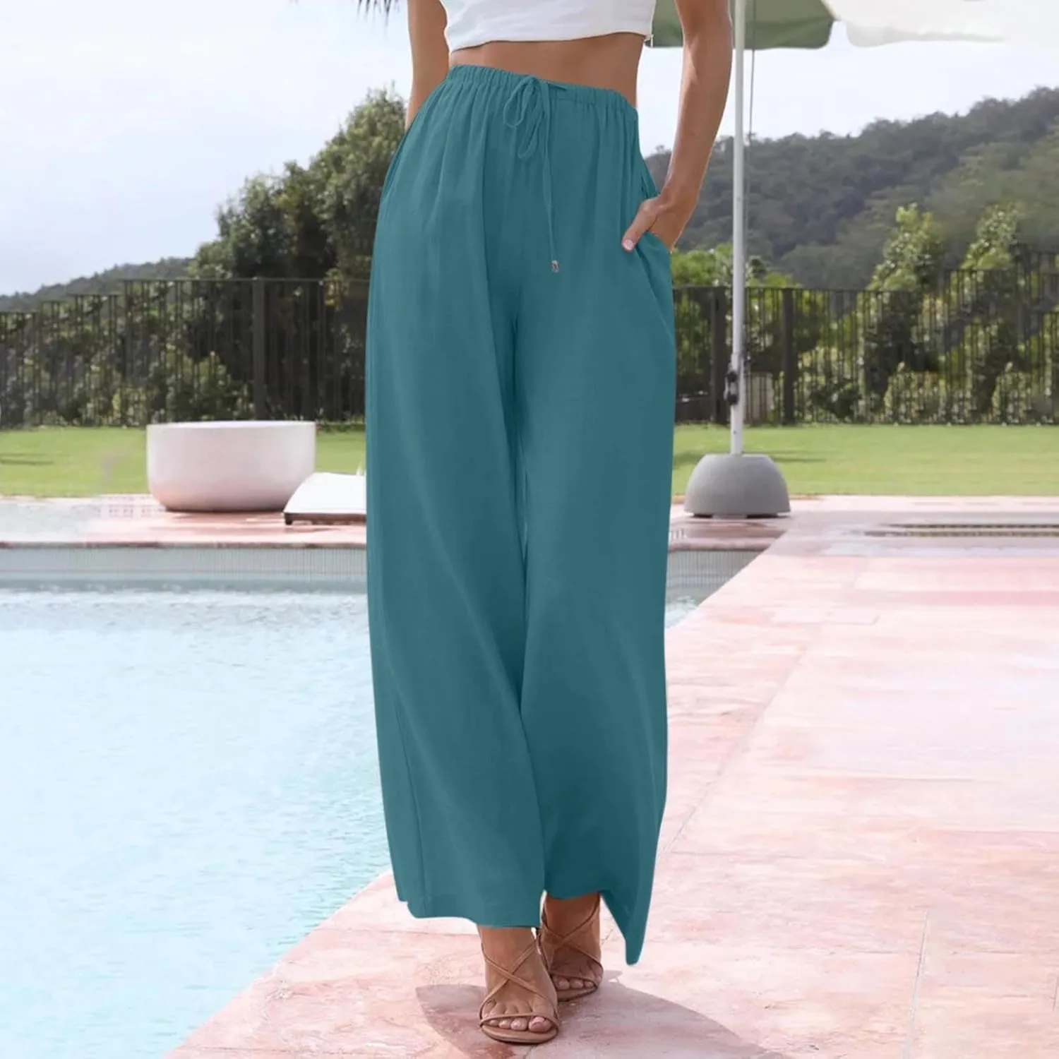 Women's Palazzo Linen Pants Summer Flowy Beach Pants Drawstring High Waisted Wide Leg Lounge Trousers with Pockets