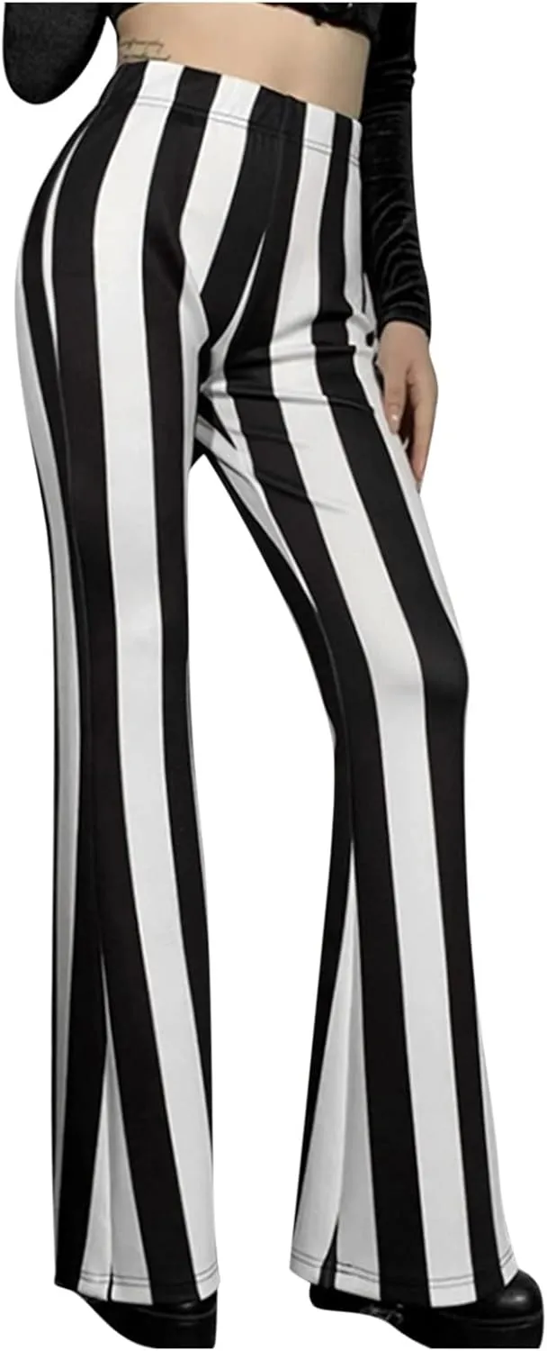 Women's Pants 2024 Fashion High Flare Women Stretch Vertical Bottoms Trousers Long Bell Pants Stripe Waist Plus