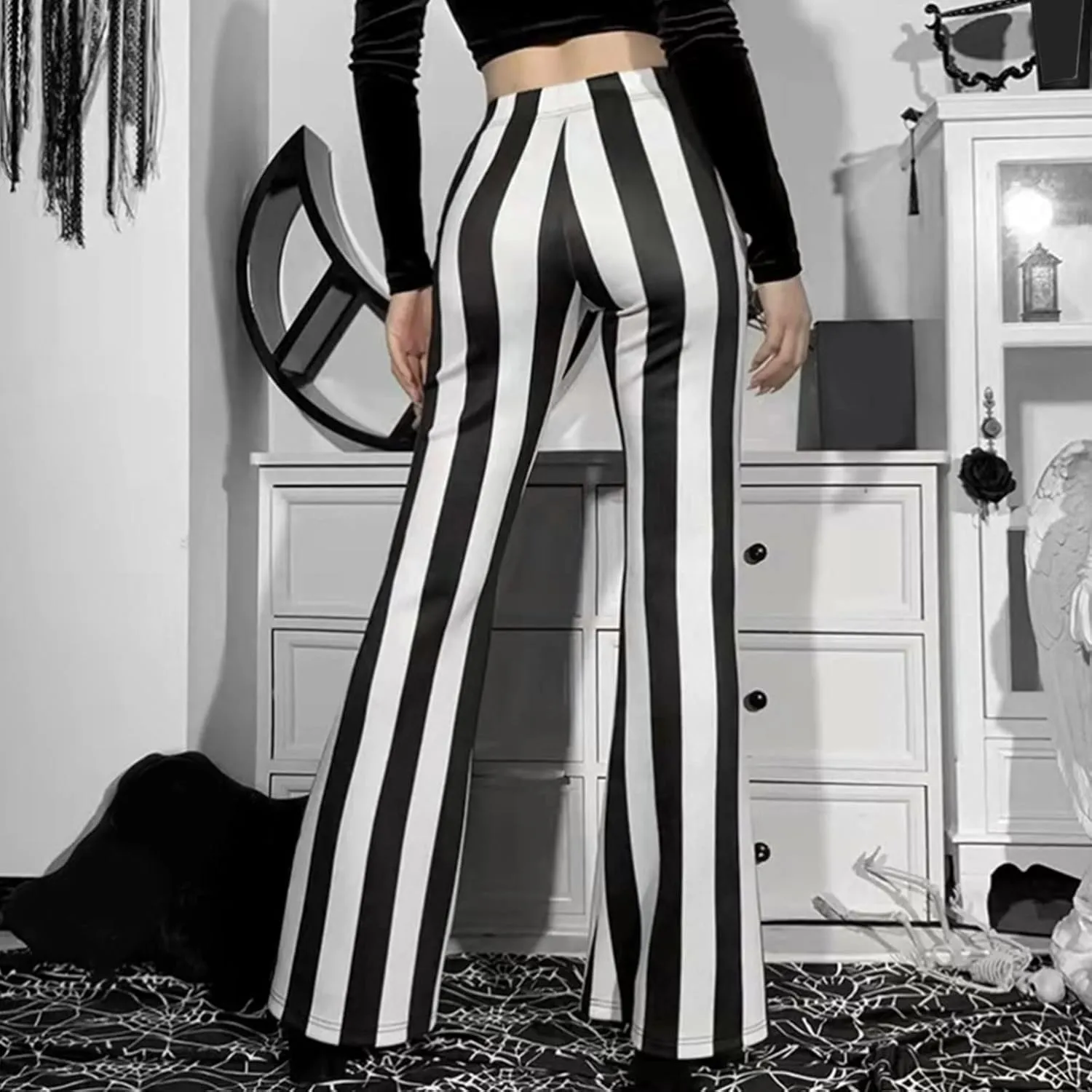 Women's Pants 2024 Fashion High Flare Women Stretch Vertical Bottoms Trousers Long Bell Pants Stripe Waist Plus