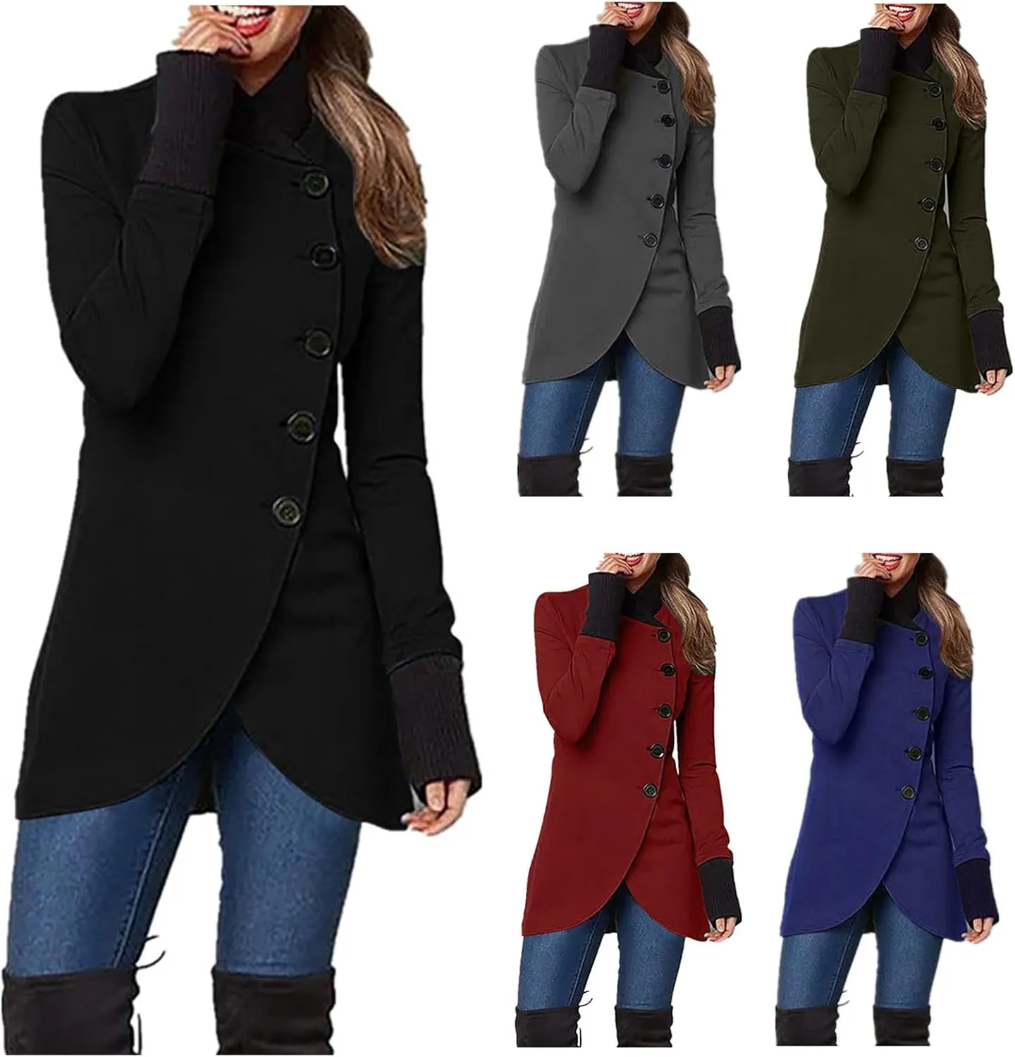Womens Pea Coat Button Down Shirt Long Sleeve Windbreaker Plain Trench Coat Oversized Jacket Fall Coats Trendy Tops