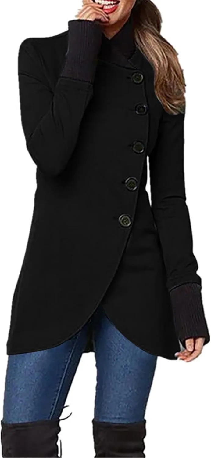 Womens Pea Coat Button Down Shirt Long Sleeve Windbreaker Plain Trench Coat Oversized Jacket Fall Coats Trendy Tops