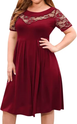 Women's Plus Size Short Sleeve Lace Midi Dress Pleated Casual Summer Flowy Dress with Pockets Petite Maxi Dresses
