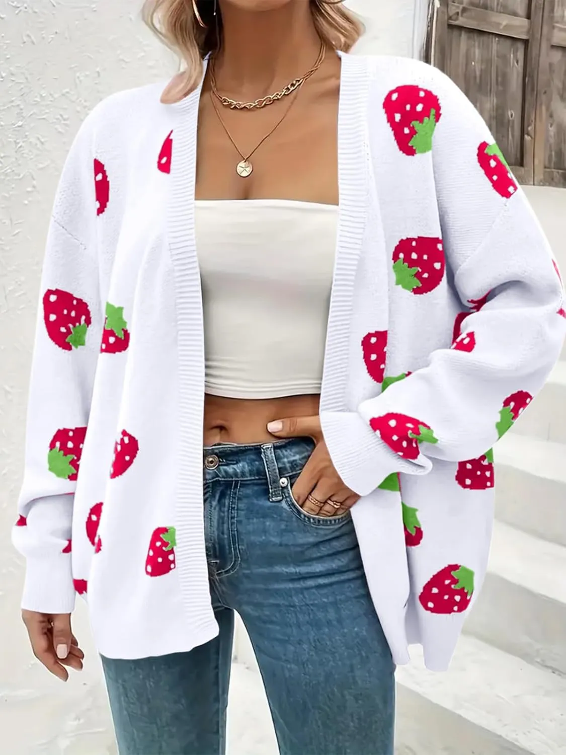 Women's Plus Size Strawberry Floral Print Long Sleeve Open Front Knit Cardigan Sweater