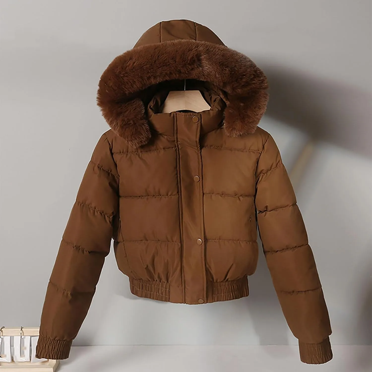 Womens Puffer Fleece Lined Jackets, Hooded Zipper Button Cropped Casual Coats, Down Padded Cotton Winter Outerwear