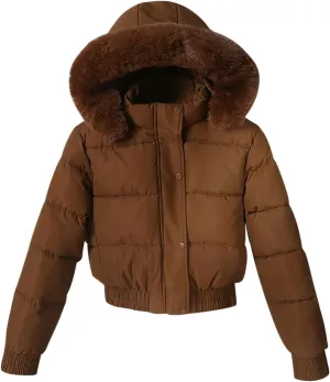 Womens Puffer Fleece Lined Jackets, Hooded Zipper Button Cropped Casual Coats, Down Padded Cotton Winter Outerwear