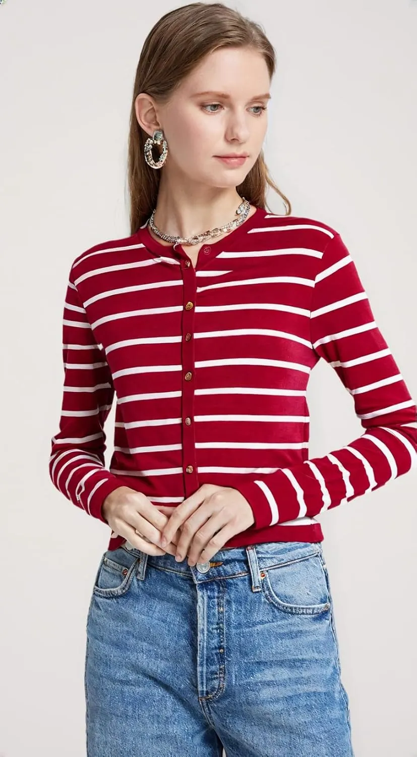 Women's Round Neck Golden Button, Cardigan Stripe Sweater,Long Sleeve,Stylish Casual, Knit Sweaters