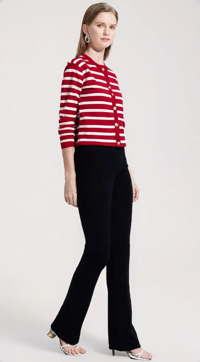 Women's Round Neck Golden Button, Cardigan Stripe Sweater,Long Sleeve,Stylish Casual, Knit Sweaters