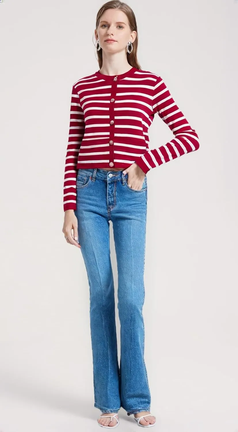 Women's Round Neck Golden Button, Cardigan Stripe Sweater,Long Sleeve,Stylish Casual, Knit Sweaters