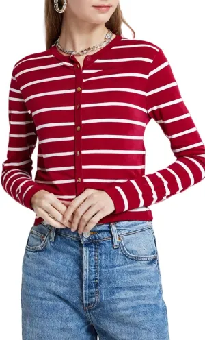 Women's Round Neck Golden Button, Cardigan Stripe Sweater,Long Sleeve,Stylish Casual, Knit Sweaters