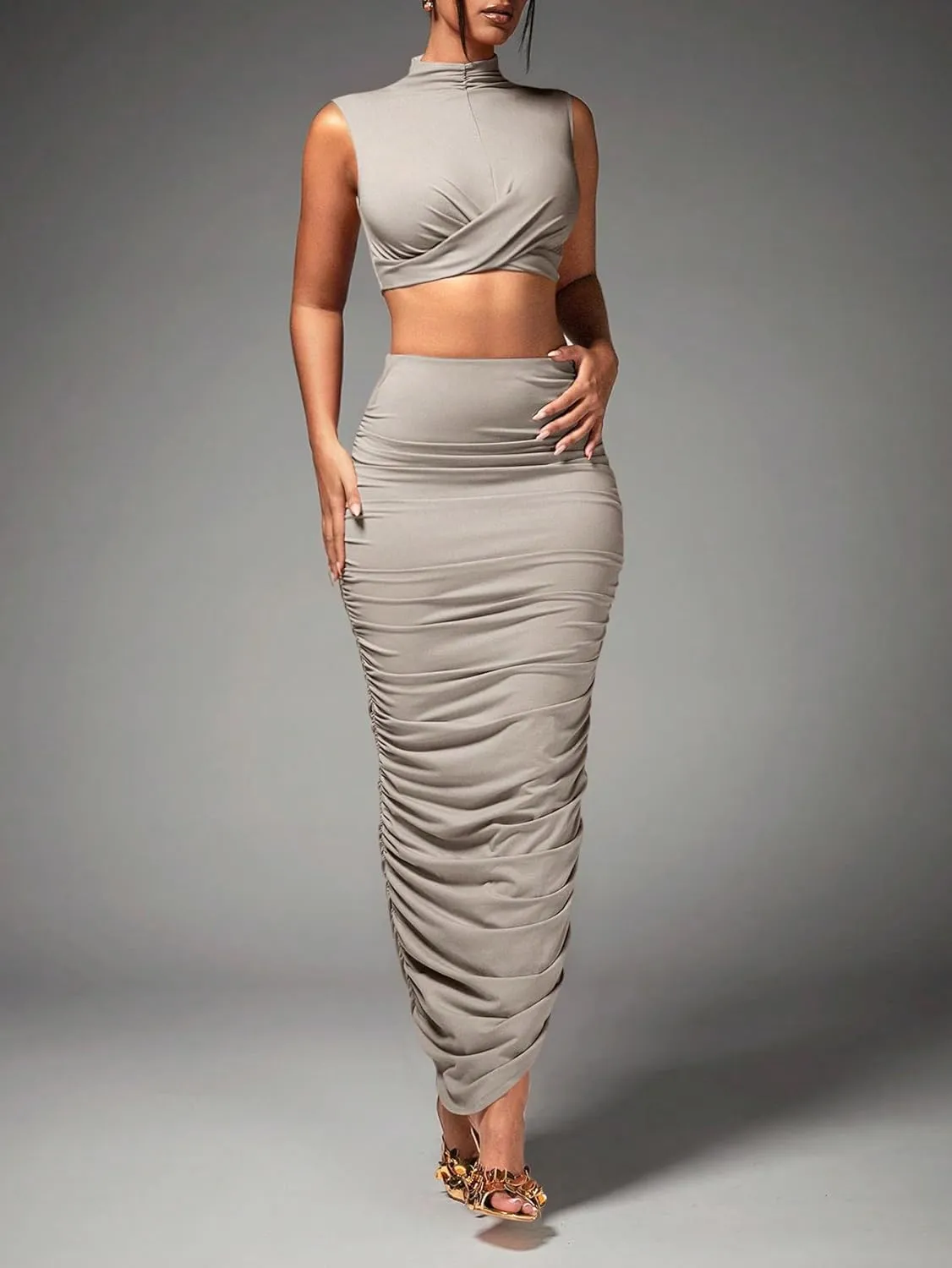 Women's Sexy 2 Piece Outfits Solid Mock Neck Criss Cross Crop Top Tank Top and Ruched Maxi Skirt Bodycon Skirt Sets