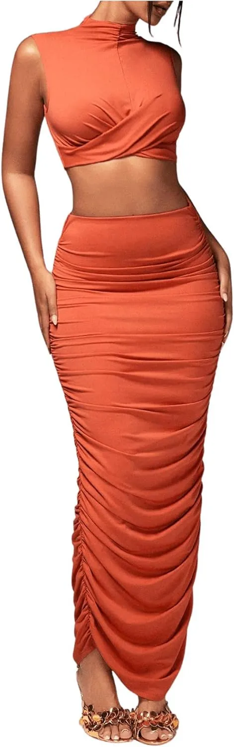 Women's Sexy 2 Piece Outfits Solid Mock Neck Criss Cross Crop Top Tank Top and Ruched Maxi Skirt Bodycon Skirt Sets