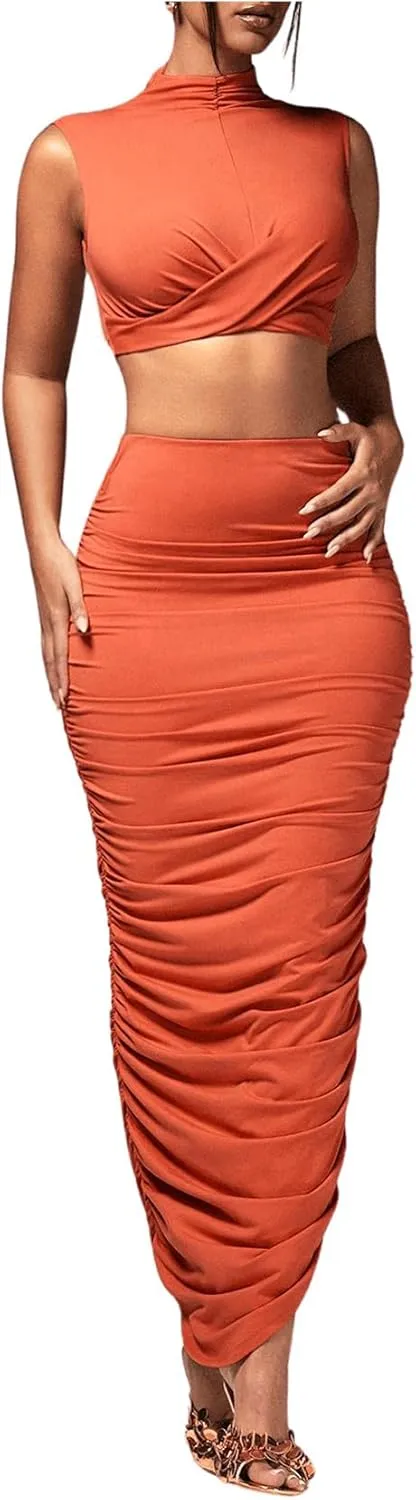 Women's Sexy 2 Piece Outfits Solid Mock Neck Criss Cross Crop Top Tank Top and Ruched Maxi Skirt Bodycon Skirt Sets