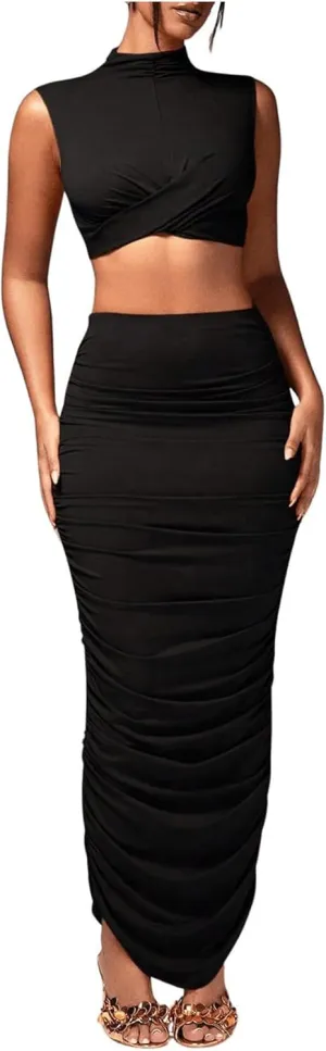 Women's Sexy 2 Piece Outfits Solid Mock Neck Criss Cross Crop Top Tank Top and Ruched Maxi Skirt Bodycon Skirt Sets