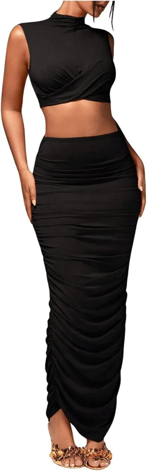 Women's Sexy 2 Piece Outfits Solid Mock Neck Criss Cross Crop Top Tank Top and Ruched Maxi Skirt Bodycon Skirt Sets