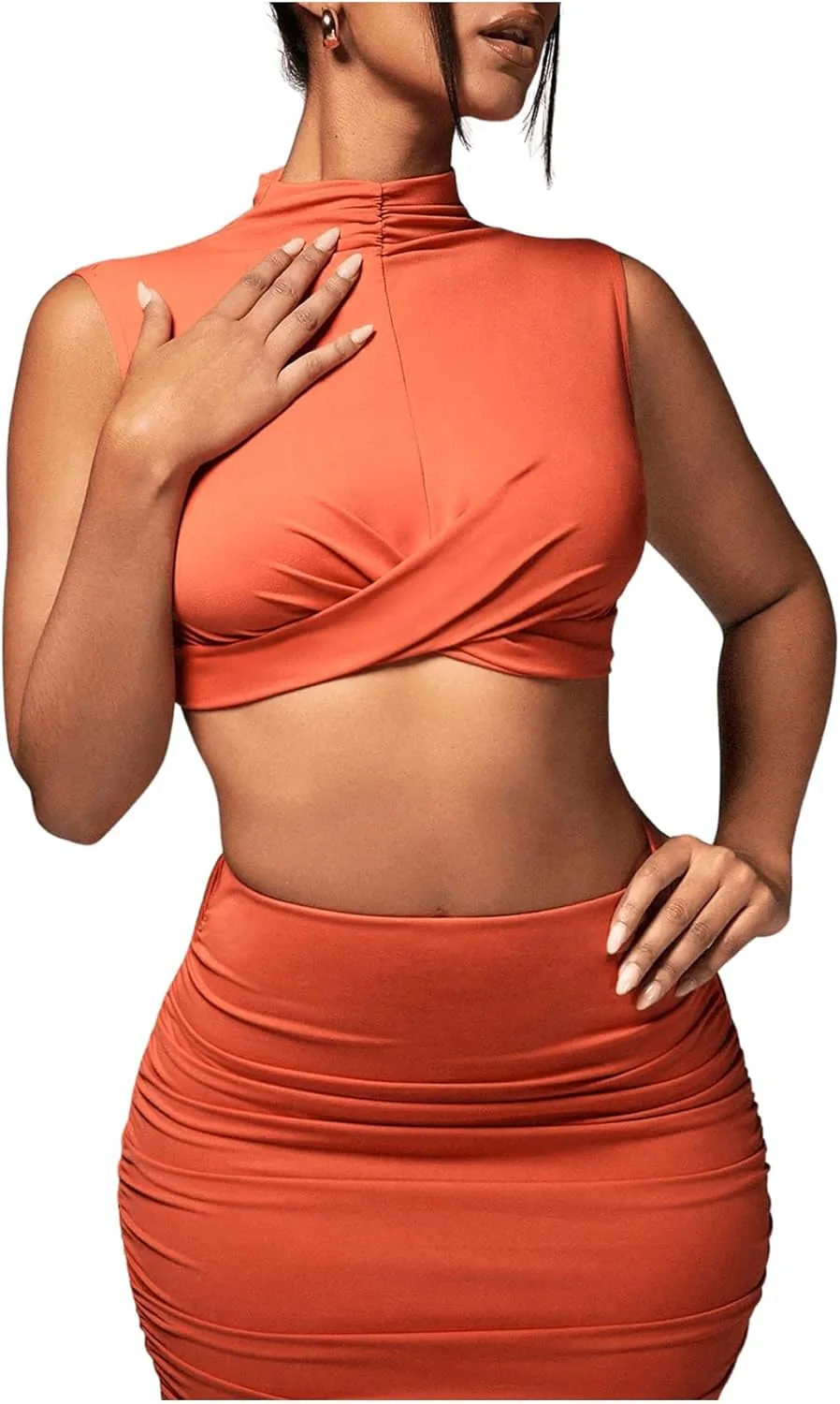 Women's Sexy 2 Piece Outfits Solid Mock Neck Criss Cross Crop Top Tank Top and Ruched Maxi Skirt Bodycon Skirt Sets